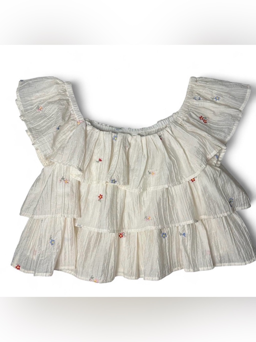 Day & Moon Tiered Ruffle Off-Shoulder Top w/ Floral Embroidery - Ivory Size M